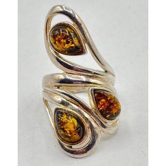 Sterling Silver 925 Amber Statement Ring Modern Swirl Design Size 5 - Picture 2 of 7